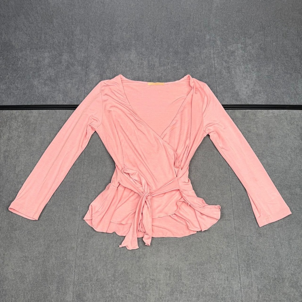 Vintage Forever 21 Pink Long Sleeve Wrap Peplum y2k Top Blouse V-Neck Tie Waist